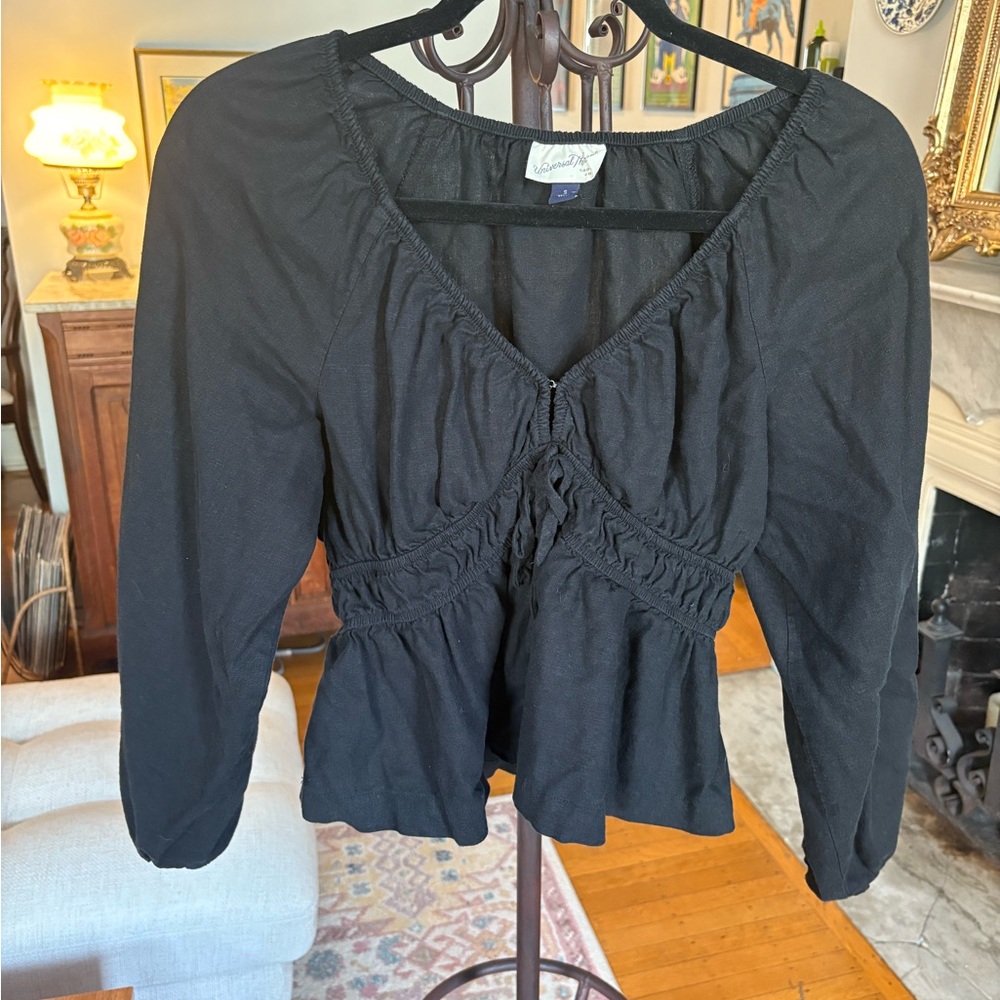 Universal Thread Black Linen Shirred Women's Blouse